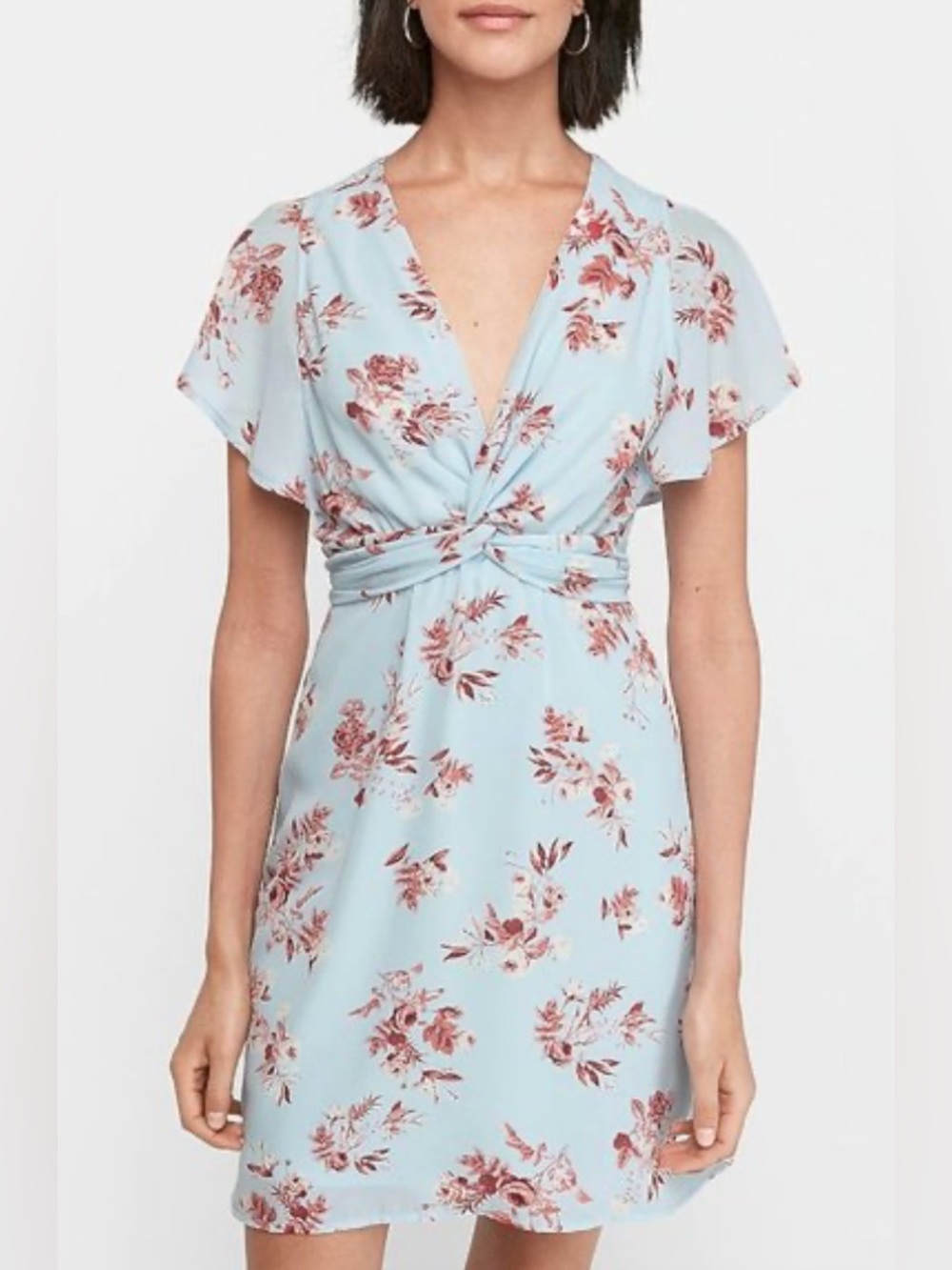 Floral Twist-Front Light Blue Dress, Express brand
